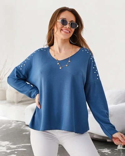 Royalfashion moteriškas plonas viskozės megztinis su deimantais ant pečių