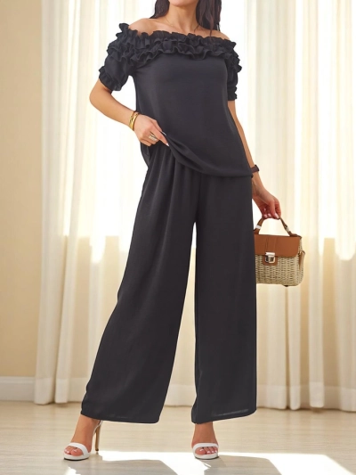 Royalfashion moterų komplektas su trumpomis rankovėmis, nuoga pečių bluze ir dekoratyviu kaklu, ir plazdančiomis kelnėmis