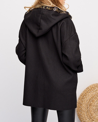 Juoda moteriška striukė – Paltas su puošmena – Drabužiai