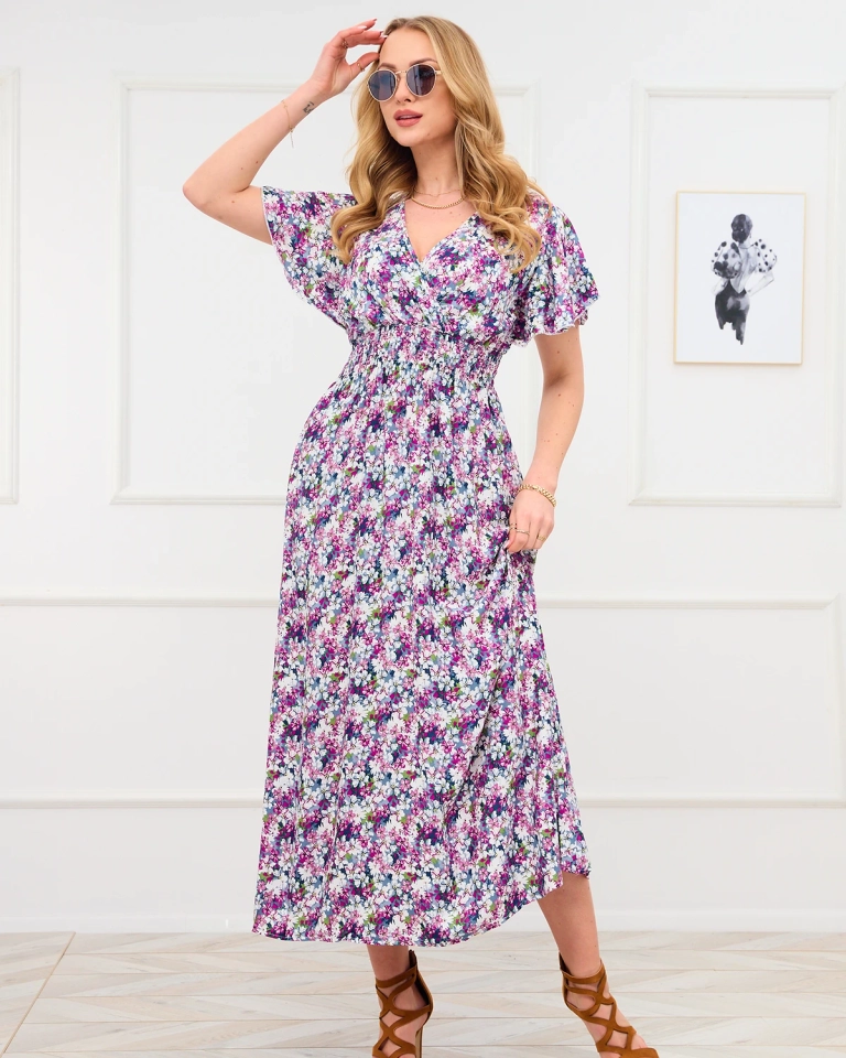 Фиолетово-серое женское цветочное платье макси - Одежда