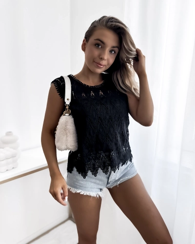 Royalfashion Juodi nėriniuoti moteriški marškinėliai