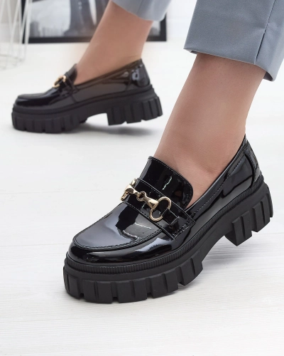 Женские черные лакированные мокасины на сплошной подошве Ferika - Обувь