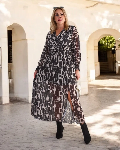 Royalfashion Juodai smėlio spalvos raštuota moteriška maksi suknelė