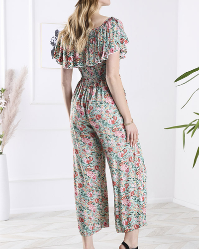 Žalios-rožinės spalvos ilgas gėlių rašto moteriškas kombinezonas - Apranga