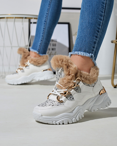 Спортивные лакированные белые женские кроссовки с мехом Axili- Footwear