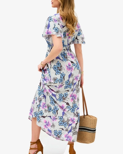 Moteriška šviesiai pilka midi suknelė su gėlių raštu - Apranga