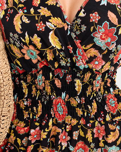 Женский черный короткий комбинезон с цветочным узором - Одежда