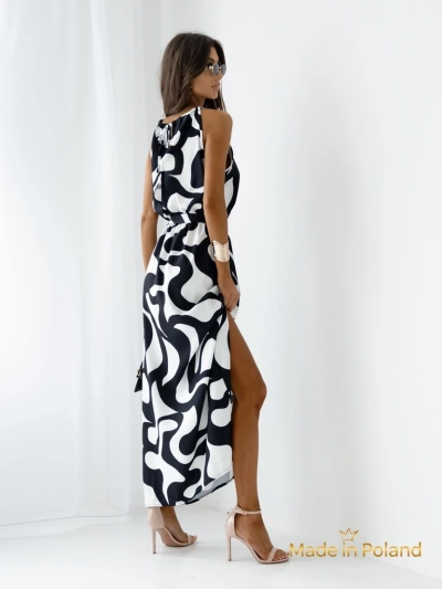 Royalfashion Moteriška midi suknelė su petnešėlėmis, su diržu, geometrinio rašto