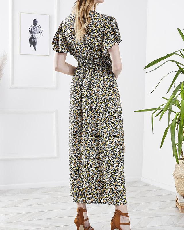 Moteriška gėlėta midi suknelė juodos spalvos- Drabužiai