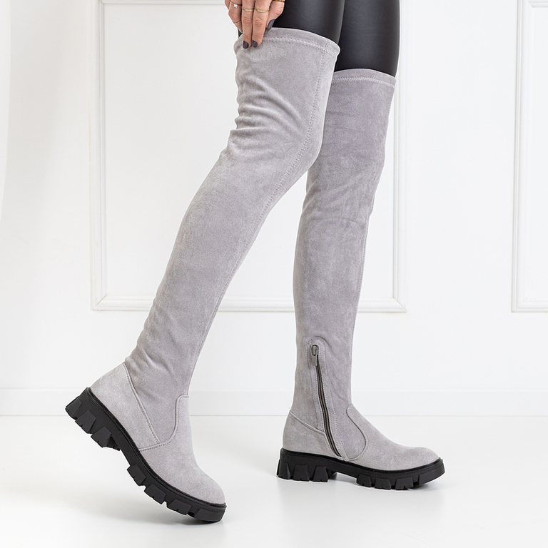 OUTLET Эко-замша серые серые сапоги на плоском каблуке выше колена Engi- Footwear