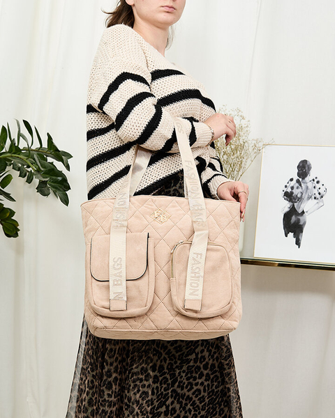 Royalfashion Didelė dygsniuota smėlio spalvos moteriška rankinė