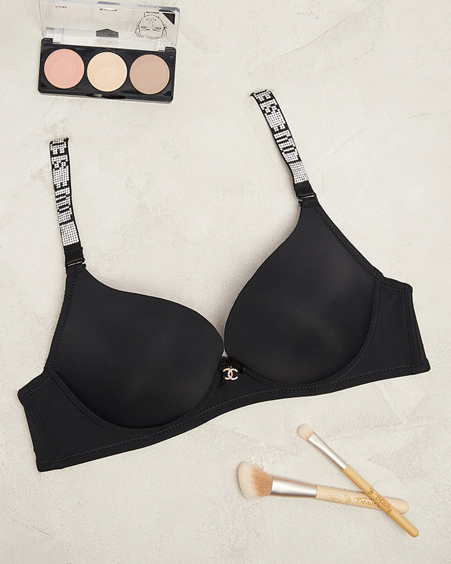 Черный однотонный бюстгальтер с декорированными бретелями - Нижнее белье