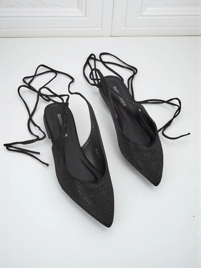 Damiane Nero Sandals - Black Tie-Up Ballerinas with Fabric and Flat Heel