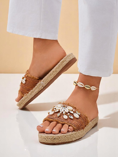Royalfashion Callista Boho Camel Flat Platform Shell Sandals