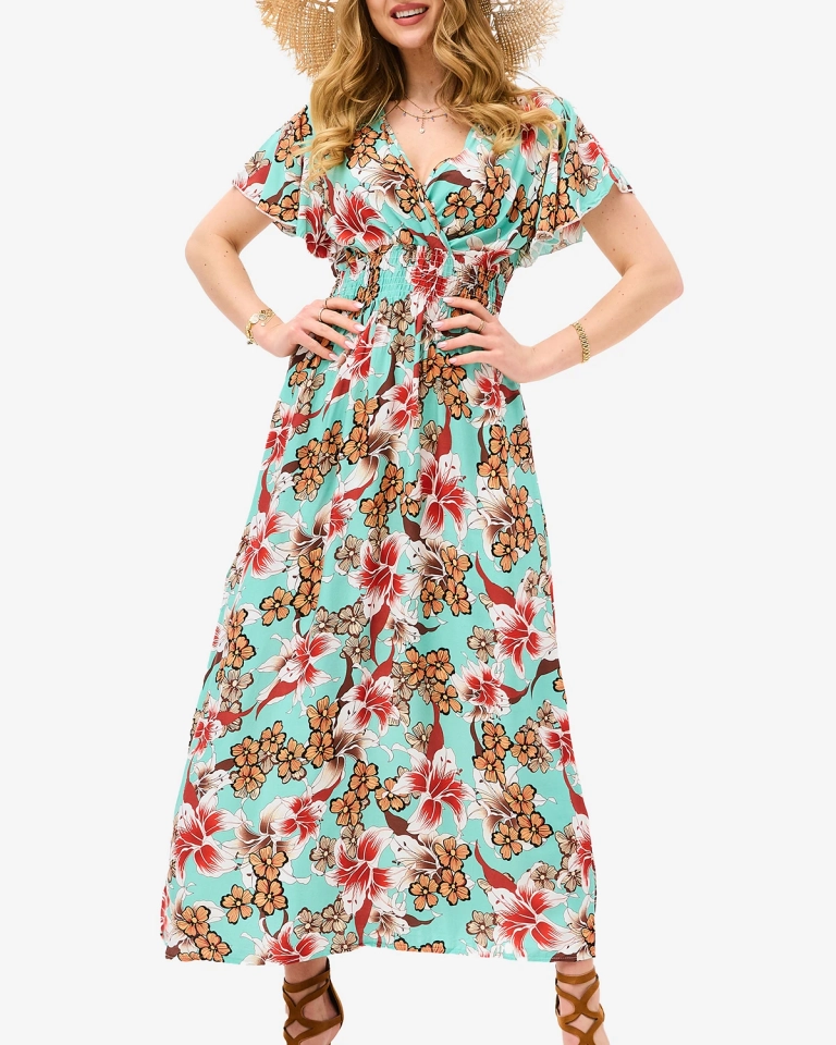 Женское платье-миди мятного цвета с цветочным узором - Одежда