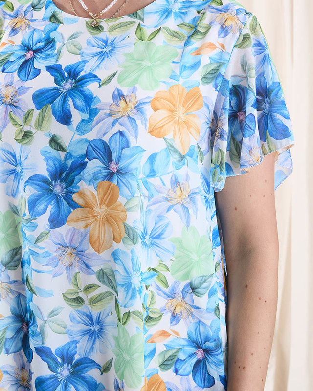 Женское платье длиной до колена с принтом и оборкой синего цвета- Одежда