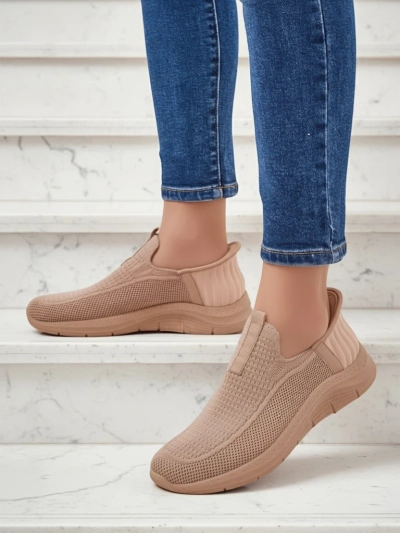 Selene Beige Slip-On Sneakers – Comfy Flat-Heeled Kicks for Ladies
