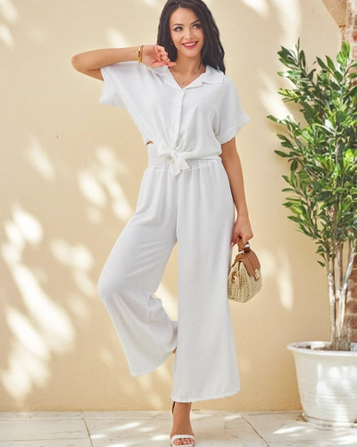 Royalfashion Moteriškas komplektas su surišta trumpomis rankovėmis palaidine ir plačiomis kelnėmis su deimantais