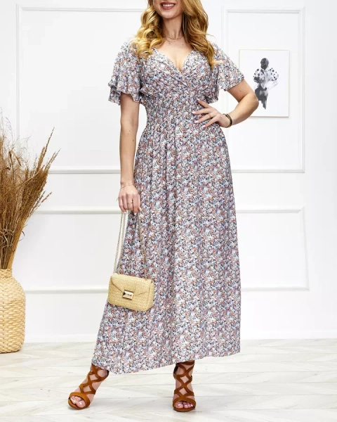 Женское цветочное платье-миди в сине-оранжевых тонах - Одежда