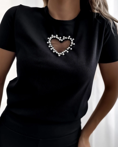 "Royalfashion" Juodas moteriškas sportinis rinkinys su širdelėmis