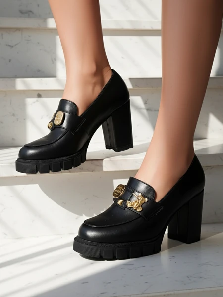 Moteriški sandalai su storu kulnu „Ateny“ iš juodos eko odos