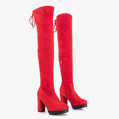 Czerwone kozaki za kolano na słupku Fortunata - Obuwie