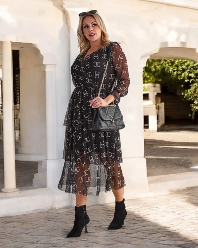 Royalfashion Juoda tinklinė midi suknelė su raštu