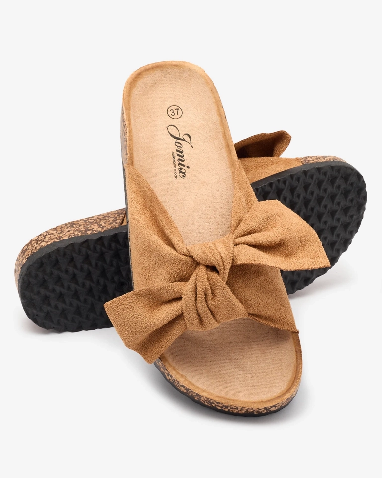 Женские шлепанцы с бантом верблюжьего цвета Orofdo- Footwear