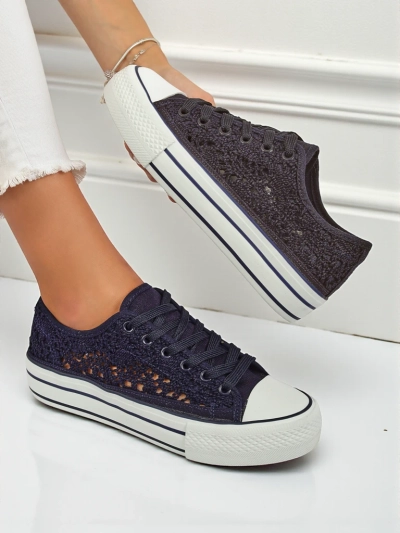 Aureliana Navy 镂空 Fabric Flat-Soled Kicks