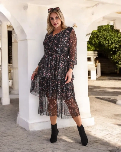 Royalfashion Juoda ir rožinė tinklinė midi suknelė su raštu
