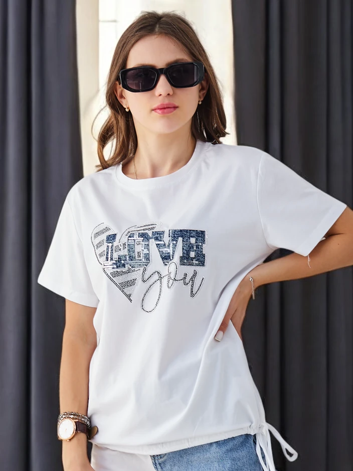 Royalfashion Moteriška medvilninė T-marškiniai MEILĖ su deimantais