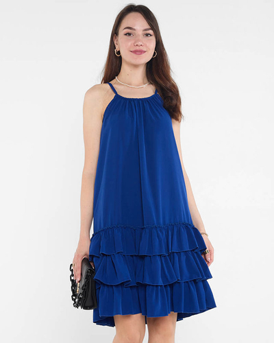 Темно-синее платье на бретелях с оборками