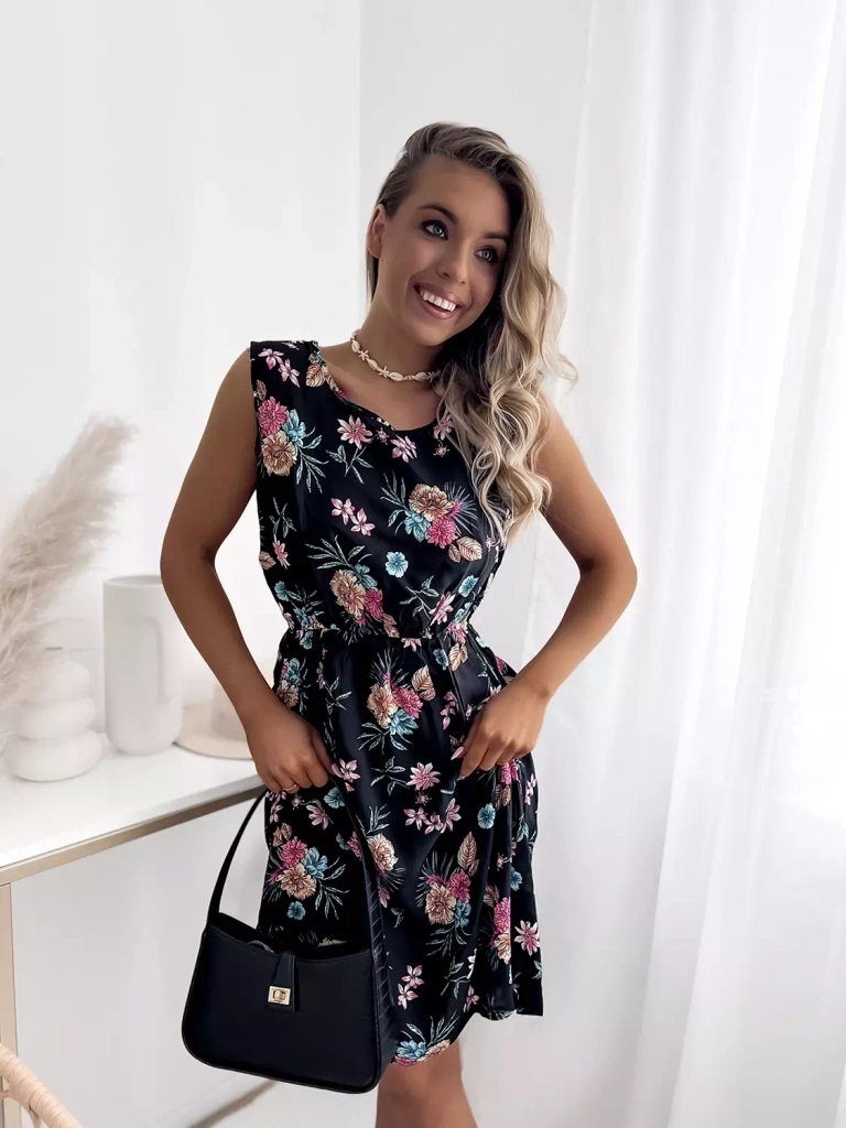 Черное женское мини-платье с цветочным узором - Одежда