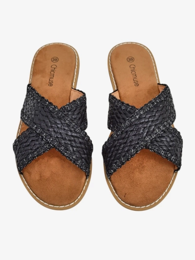 Sandały damskie Calista Nero płaskie, czarna plecionka, skóra ekologiczna