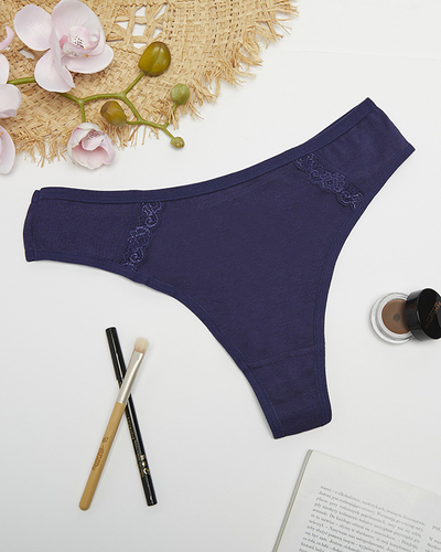 Tamsiai mėlynos spalvos medvilninės moteriškos kelnaitės su nėriniais - Apatiniai drabužiai