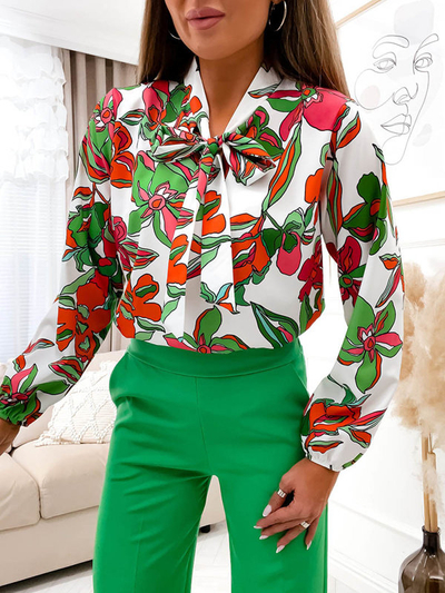 Узорчатая белая женская блузка с завязками - Одежда