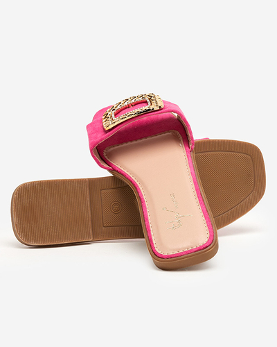 OUTLET Fuchsia moteriškos ekologiškos zomšinės šlepetės su auksine sagtimi Lozi. Avalynė