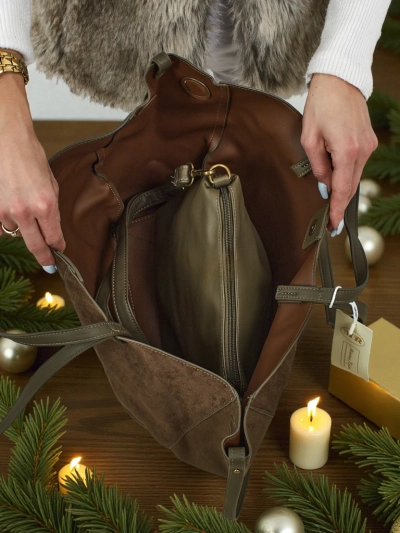 Moteriška pirkinių rankinė eko zomšinė su mažesne eko odine rankine komplekte 2in1 Elinea