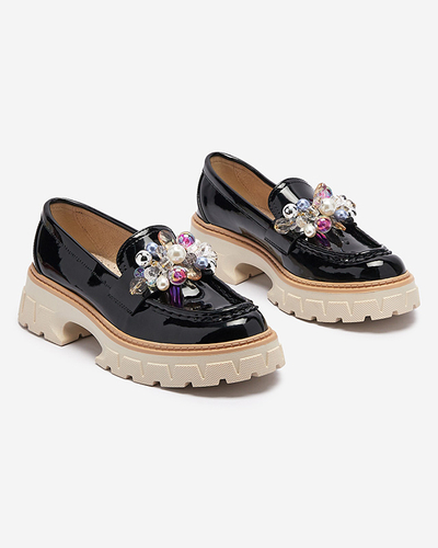 Черные лакированные женские мокасины с орнаментом Leliab- Footwear