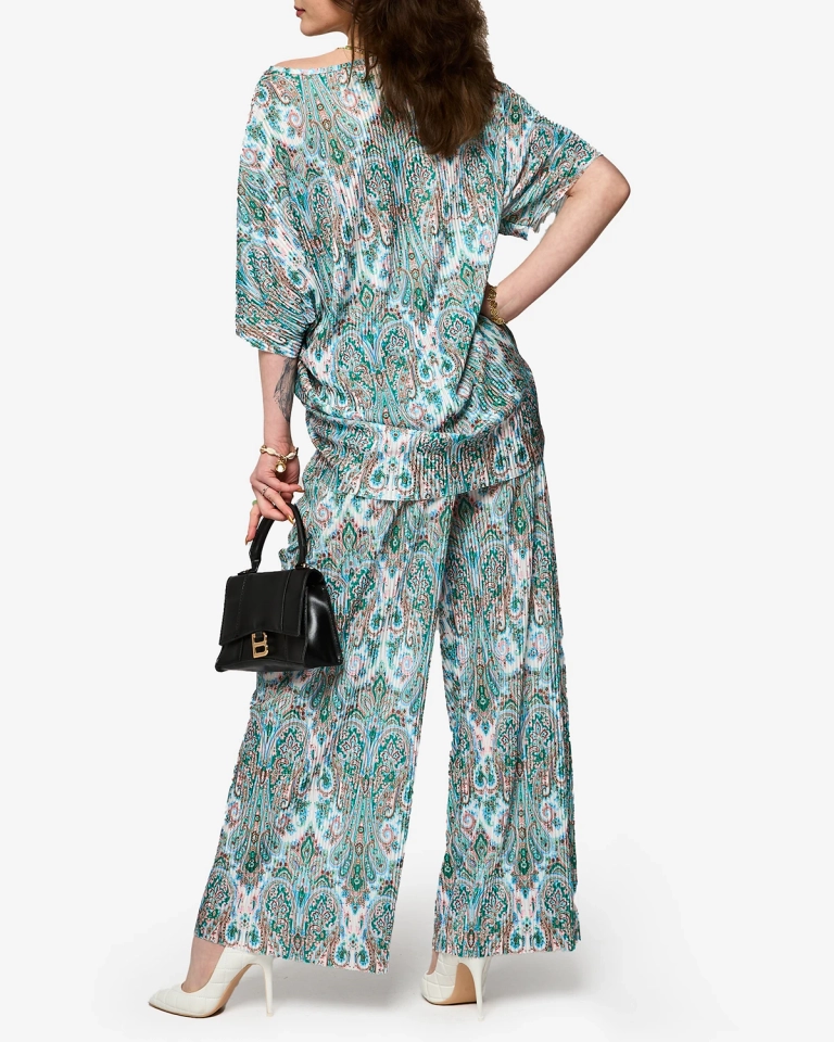 Зелено-белый ребристый женский комплект с принтом - Одежда