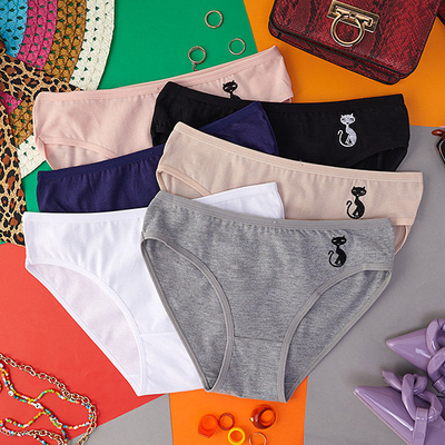 Medvilninių moteriškų kelnaičių komplektas su išsiuvinėtu katinu - Apatiniai