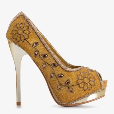 OUTLET Золотые блестящие женские туфли на высоком каблуке с фианитом Penina - Обувь