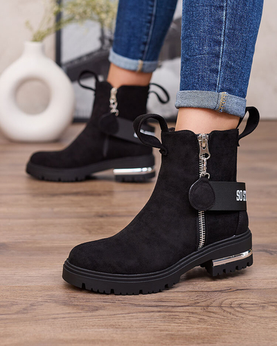 Royalfashion Juodi ekovamzos batai su dirželiu ir užtrauktukais Redmisala