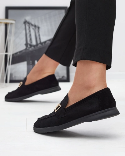 Juodi moteriški mokasinai su aukso puošmena Neterri - Avalynė