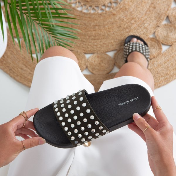 Zielone damskie klapki ze srebrnymi diamencikami Diamenta - Obuwie