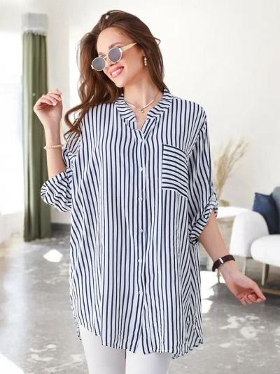 Royalfashion Moteriška ilga dryžuota viskozės marškinė