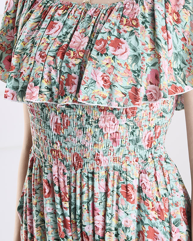 Зелено-розовый длинный женский комбинезон с цветочным узором - Одежда