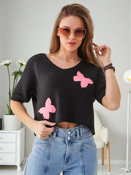 Royalfashion moterų medvilninė trumpa džemperis su drugeliais