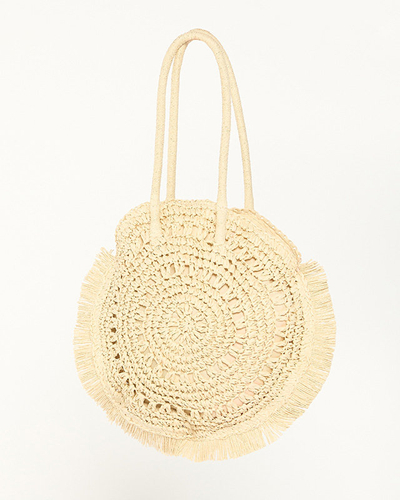 Бежевая женская круглая соломенная сумка с кисточками