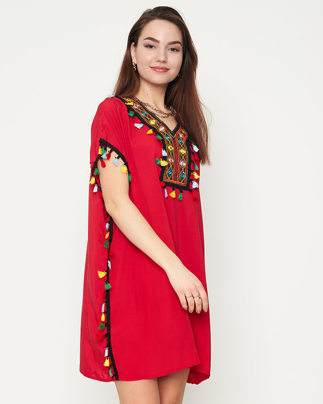 Бордовая женская летняя пляжная туника с бахромой - Одежда